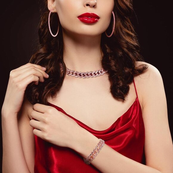 Cuban Link Chain Zinc Alloy Rhinestone Jewelry Set Necklace Bracelet Earrings Wo - Picture 5 of 6